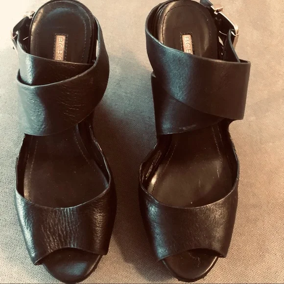 BCBG genuine leather black wedge shoes.See photos for wear.Double strap,open toe - Picture 1 of 11